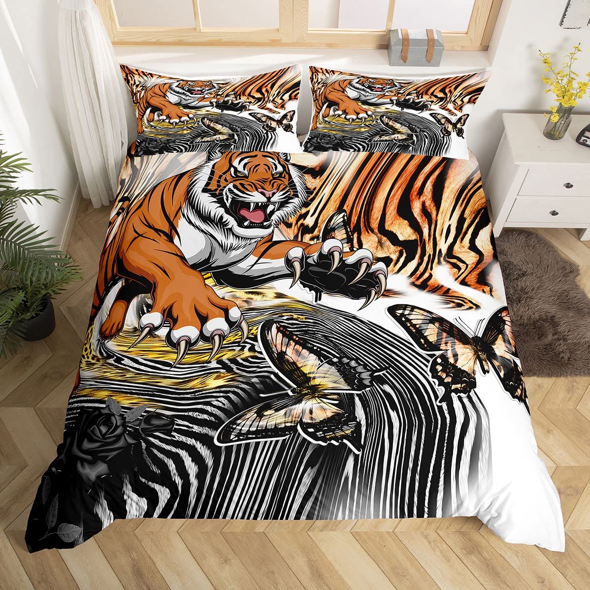 Tiger Duvet Cover Set Red Rose Flower Africa Big Cat Counterner Cover Set Animal Thème 2 / SIGNE SIGNIQUE QUE LIEN SILLE POUR LES GOISS