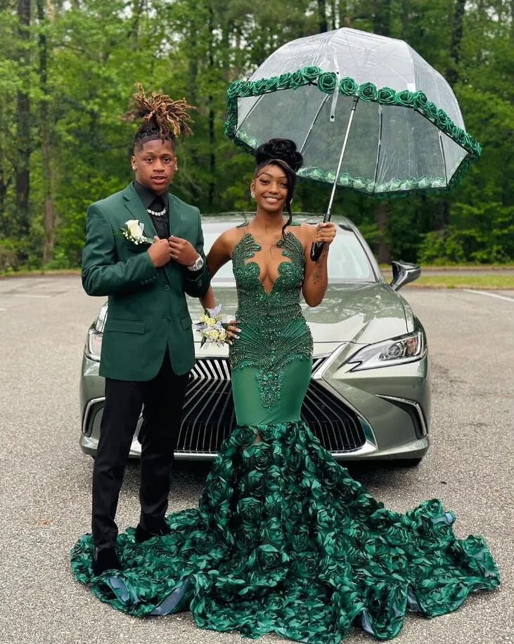 Hunter Green Rose Long Prom Dresses For Black Girls 2024 Luxury Crystal Beaded African Birthday Queen Gown vestidos de noche