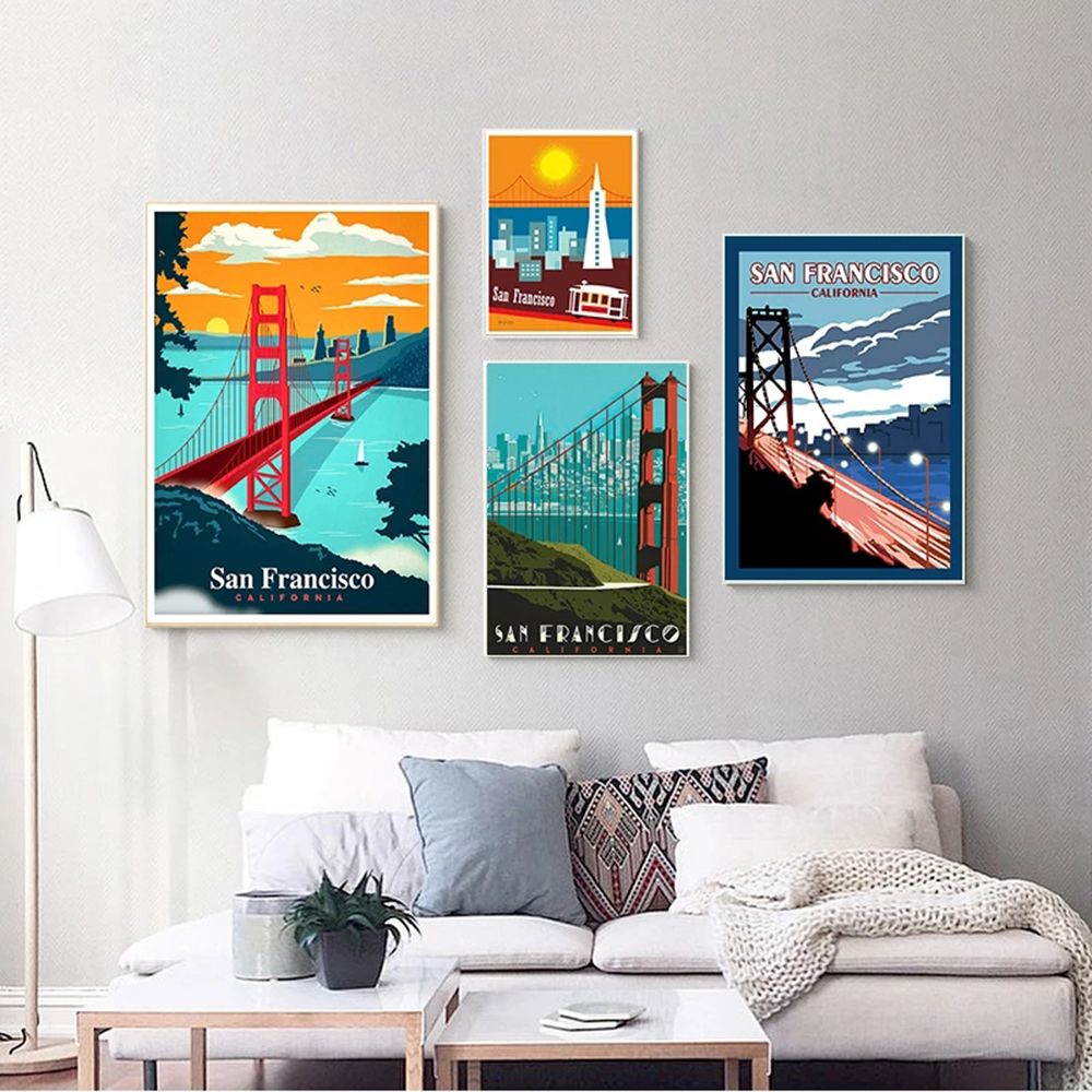 Affiche de voyage de San Francisco City Vintage Telcape Canvas Imprimés minimalistes peintures murales d'art pour décor de chambre à domicile Cuadros