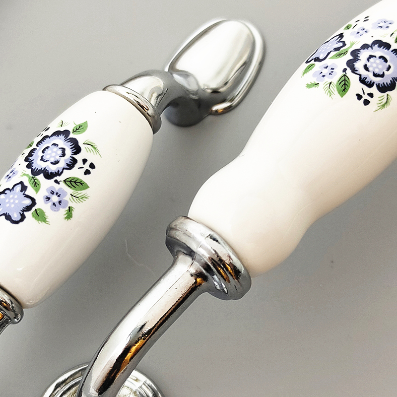 White Ceramic Cabinet Handles With Blue Flowers Zinc Alloy Drawer Knobs Wardrobe Door Handle Simple Furniture Hardware