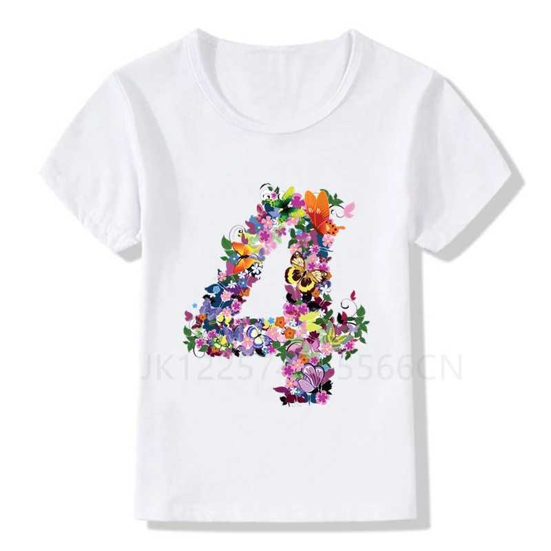 T-shirts enfants fleur papillon 1-9 numéro d'anniversaire imprimement t-shirt enfants anniversaire garçon t-shirts garçon fille drôle cadeau tshirt présent 240410