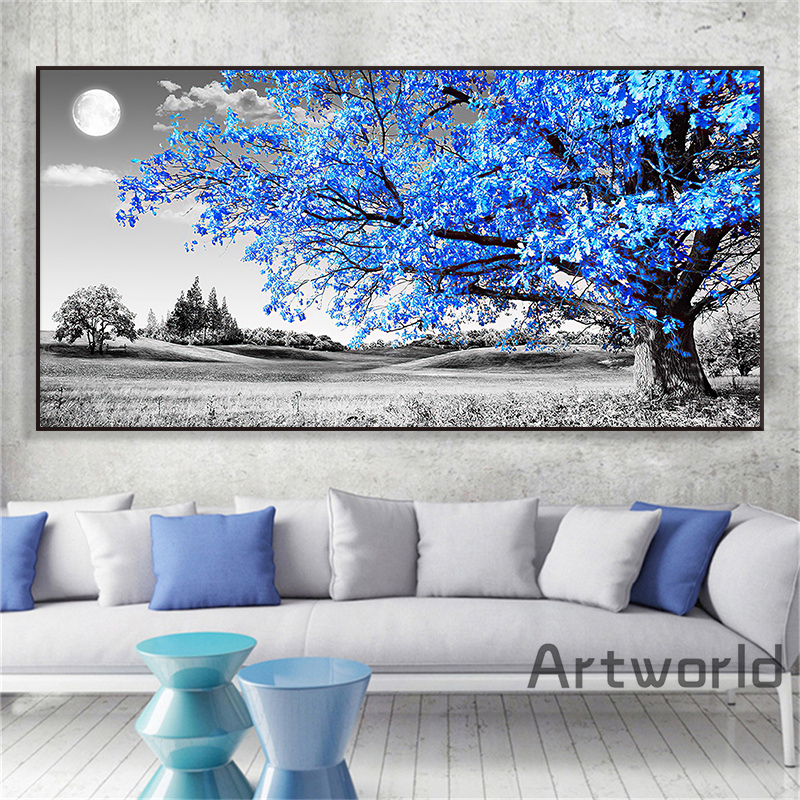 Árbol azul moderno arte en blanco y negro paisaje imágenes de pared de pared