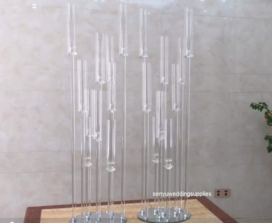 New wedding centerpiece tall acrylic tubes candle holders crystal hurricane 10 heads candelabra for table stand with lampshade
