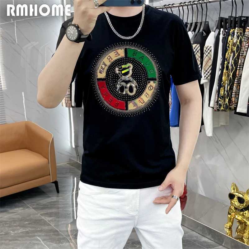 Men's T-Shirts Mens Trend T-Shirt Bear Print Hot Diamond Pattern New Designer Male Tees Summer Top Mercerized Cotton High-Quality Man Clothing J240409