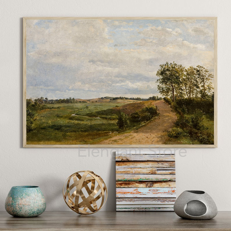 Spring Scenery Gallery Wall Art Painting Light Neutral Print Tree Sketch Tekening Landschap Landschap Canvas Poster Cottage Decor