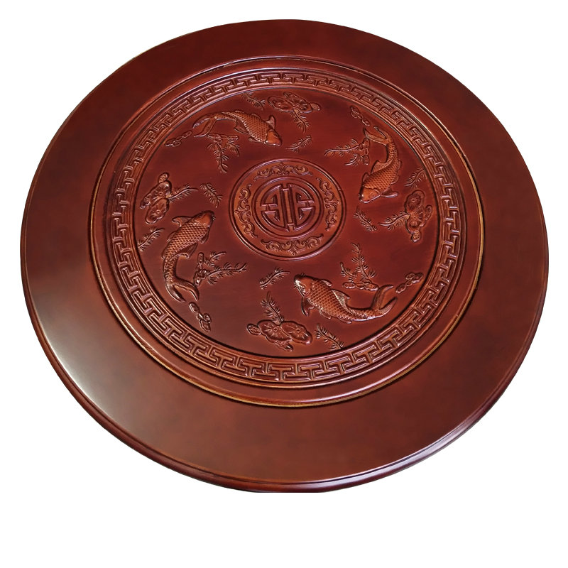 Solid Oak Wood Quiet Smooth Rotating Tray Round Dining Wood Table with Lazy Susan and Beautiful Carving Patterns_0005