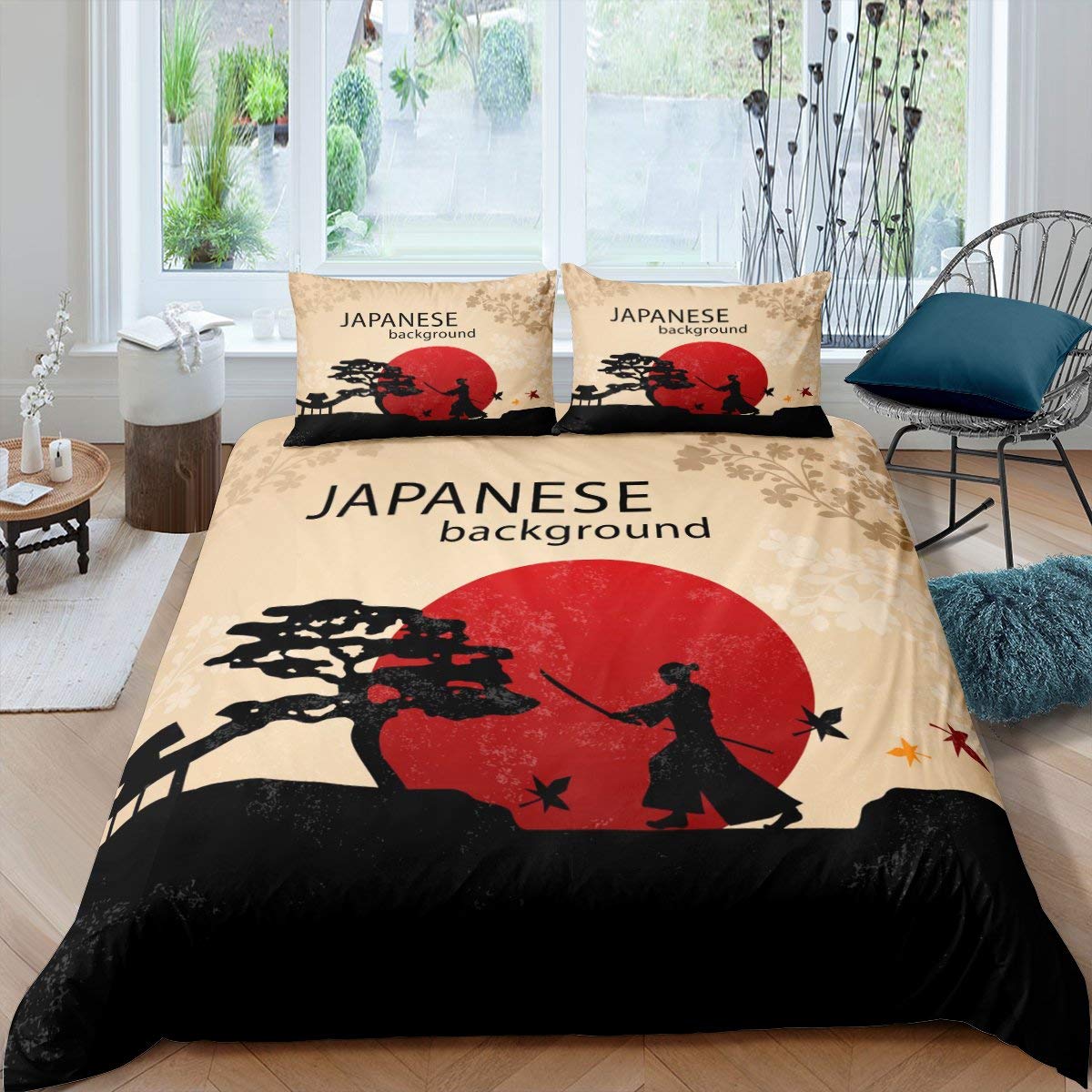 Set di biancheria da letto samurai giapponese King/Queen/Full size Giappone Sunset Scenery Building Silhouette Polvet copripiumini uomini Neri