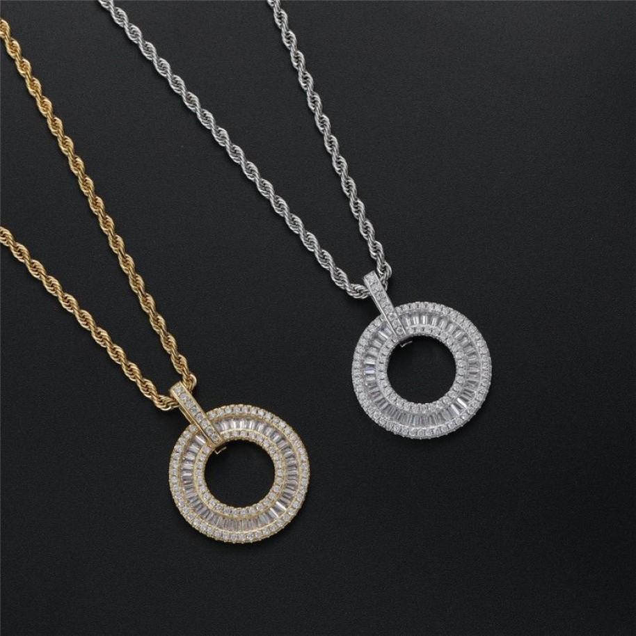 Iced Out Zircon Round Pendant Necklace Gold Silver Plated Mens Chain Hip Hop Jewelry Gift308I