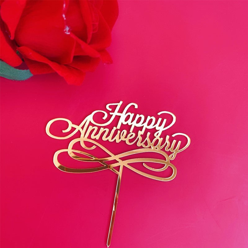 Promocional Happy Anniversary Cake Topper Acrílico Rose Gold Silver Cupcake Topper para decorações de bolo de festa de casamento