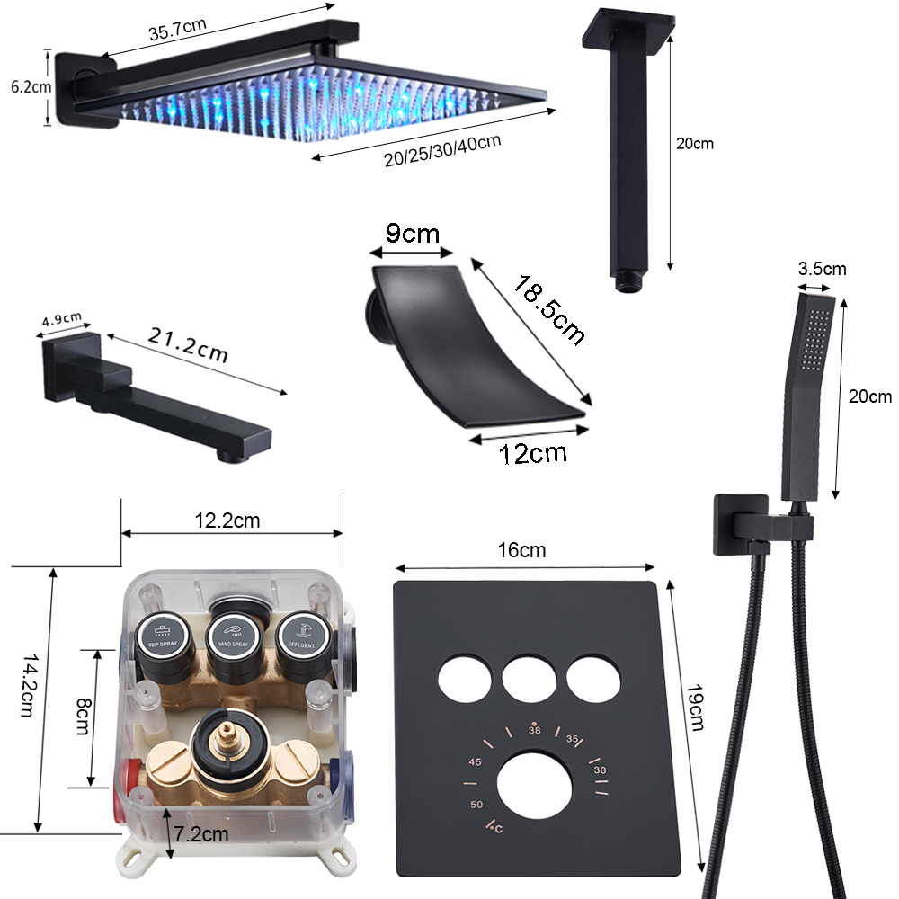 블랙 온도 조절 샤워 수도꼭지 강우 LED 색상 변경 샤워 머리 벽 은폐 목욕 샤워 믹서 탭 욕조 샤워 세트