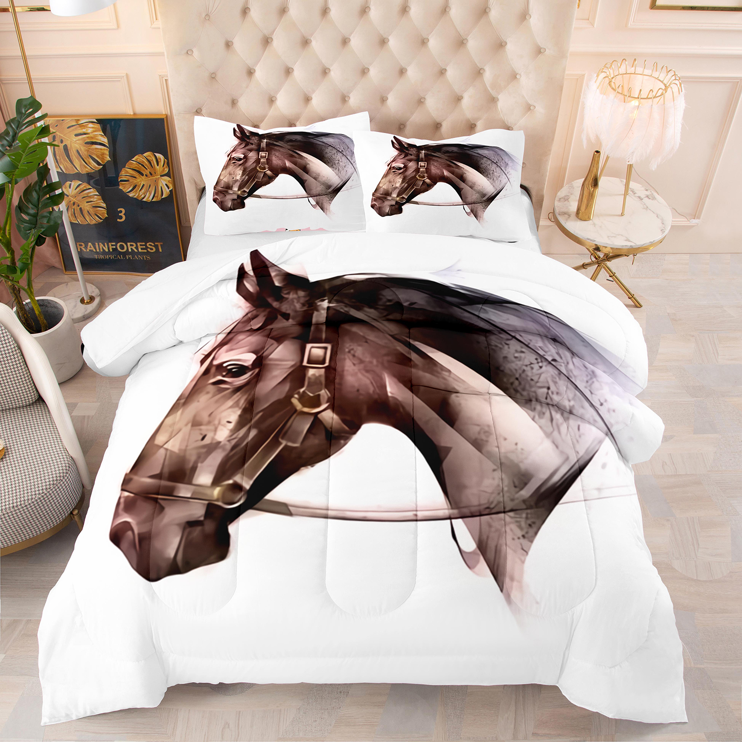 Conjunto de cama de edredom de cavalos marrons de luxo Conjunto de cama 3D Animais de edredão adultos adultos 200x200 têxteis domésticos macios e macios