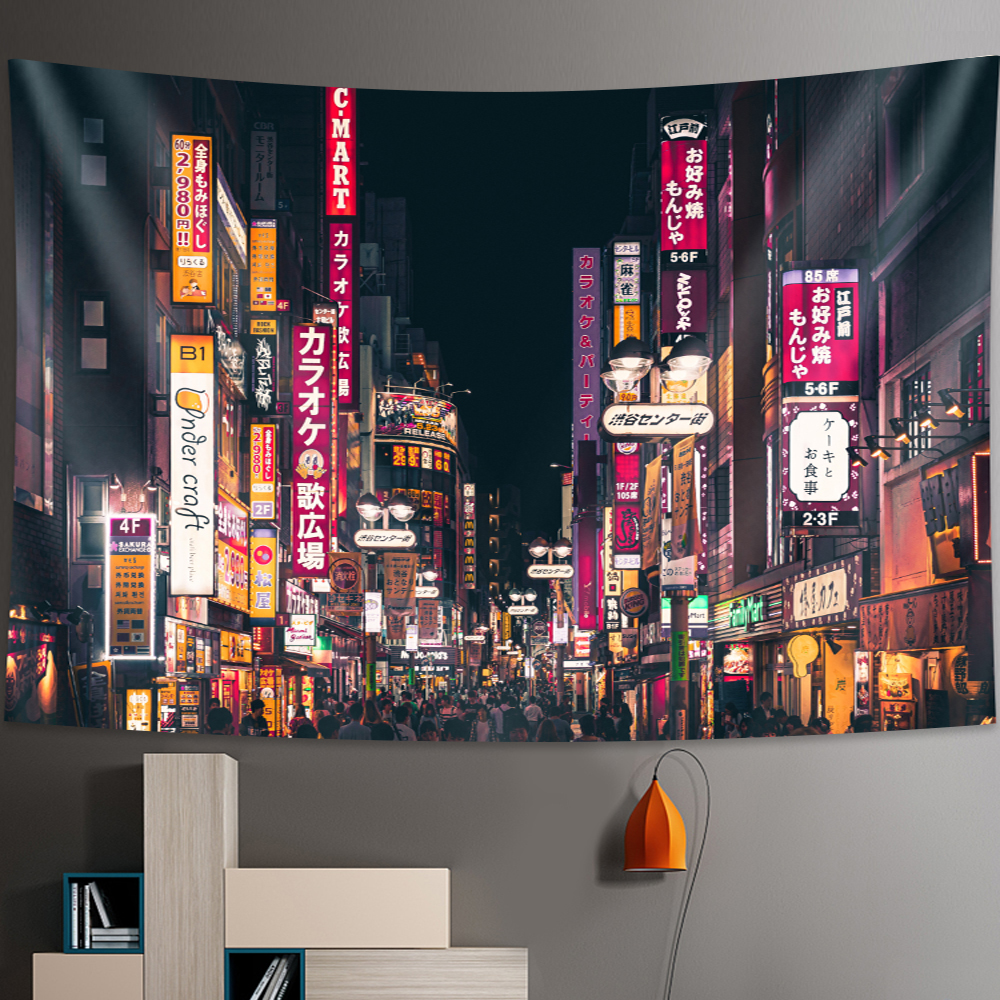 Tokyo Metropolitan Nightlife Tapestry Japanese Wall Hangende slaapkamer Home Decor Boheems Decoratief Tapestry Hippie Gedrukt blad