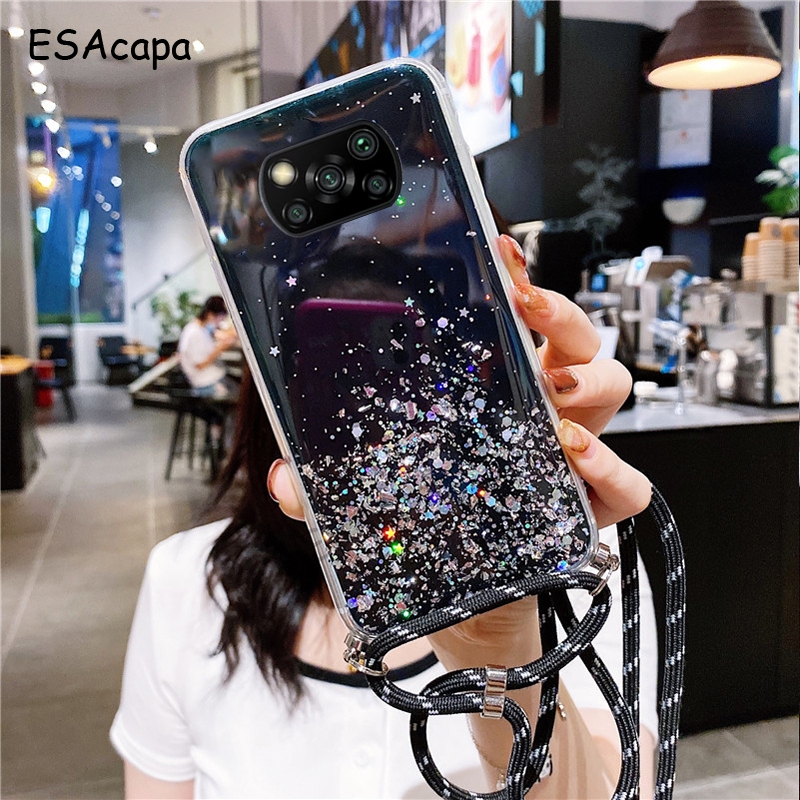 För Oppo A1 Pro Glitter Case Crossbody Strap Cord Lanyard Bling för Oppo A58 A17 A17K A57 5G A76 A36 Silikon Mjuka fall