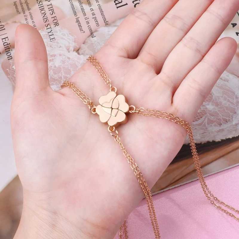 Pendant Necklaces Four Leaf Clover Stitching Necklace Magnet Stone BFF Friendship Jewelry 240410