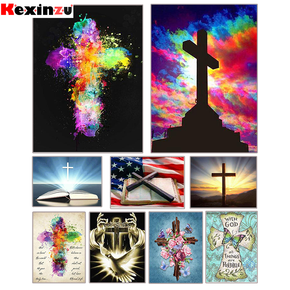 Kexinzu 5D Diy Diamond Painting Religious Cross Landscape Embroidery Jesus Christian Religiou Icons Diamond Mosaic Cross Stitch