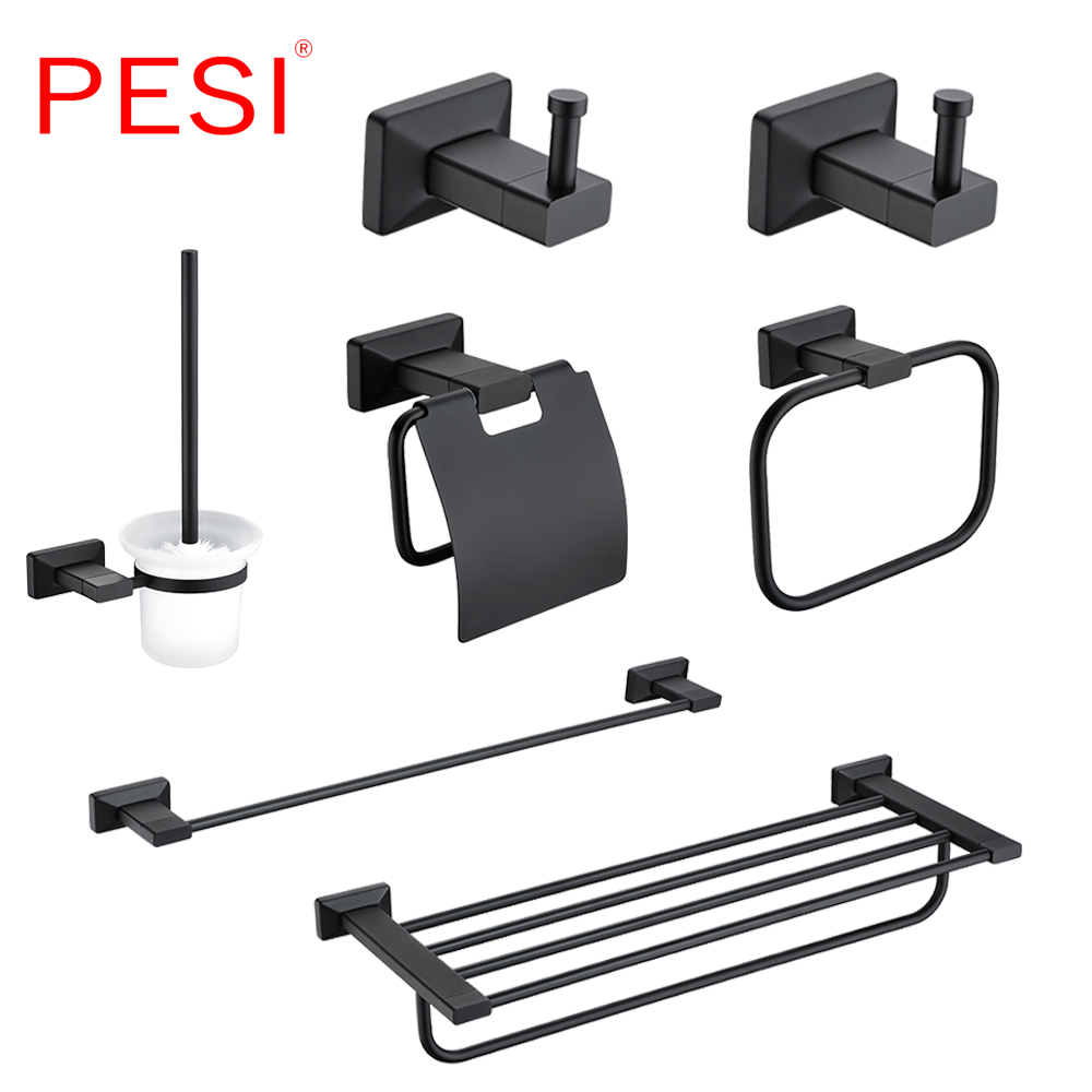 Matte Black Black Hardware Set Black Robe Hook Single Asciugamano Porta di carta un gancio di veste Tutti gli accessori il bagno in ottone.