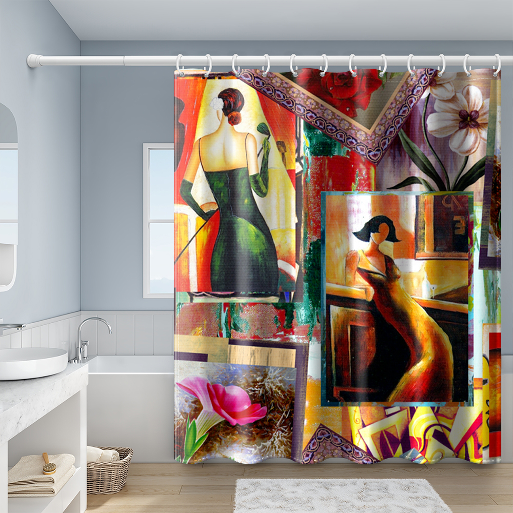 Pintura de jornais textura chuveiro cortina de banheiro cortina de chuveiro com gancho decoração de impressão de tecido de poliéster à prova d'água