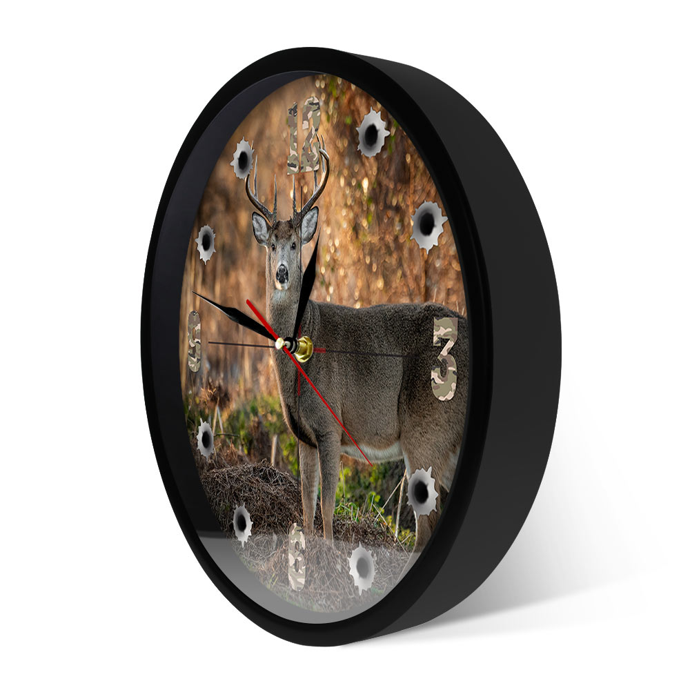 Deer Hunter Camera Sniper Big Buck Round Wall Clock Decort Decotta Wildlife Art Animal Art Elk Cabin Orologio da parete Gift di caccia a caccia di cervi