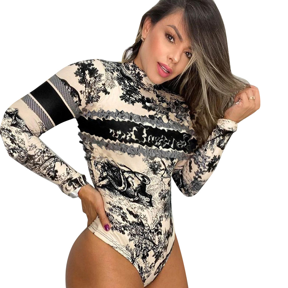 Sexy Sheer Mesh Jumpsuits Bodysuit Tops Women Designer Long Sleeved Rompers Free Ship