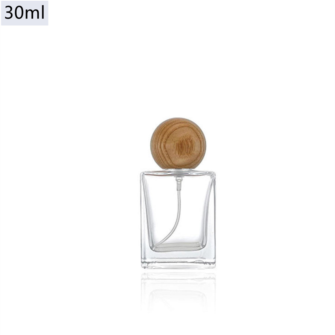30/50/100ml Kare Parfüm Şişesi Küresel Ahşap Kapak Sprey Şişe Üst düzey Parfüm Alt Bottling Cam Kozmetik Ambalaj Şişesi