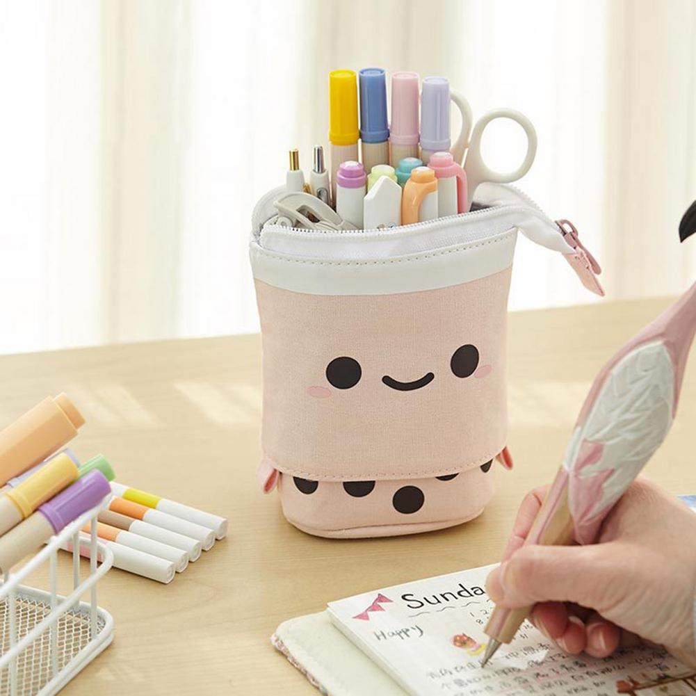Söt Boba Milk Tea Telescopic Pen Bag Pencil Holder Stationery Case Stand Up Pencil Case Stationery Pouch Box For Students