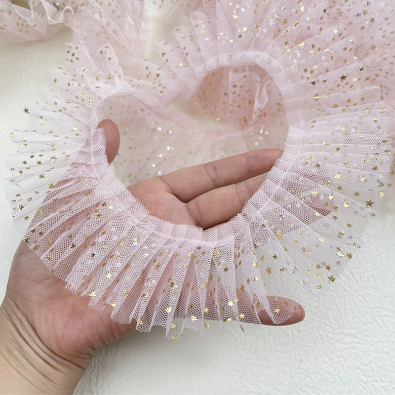 Lolita rose bronzing étoile maillage densifié densifié en dentelle plissée bricolage crafeur artisanat en tissu réfléchissant jupe décoration de couture de couture