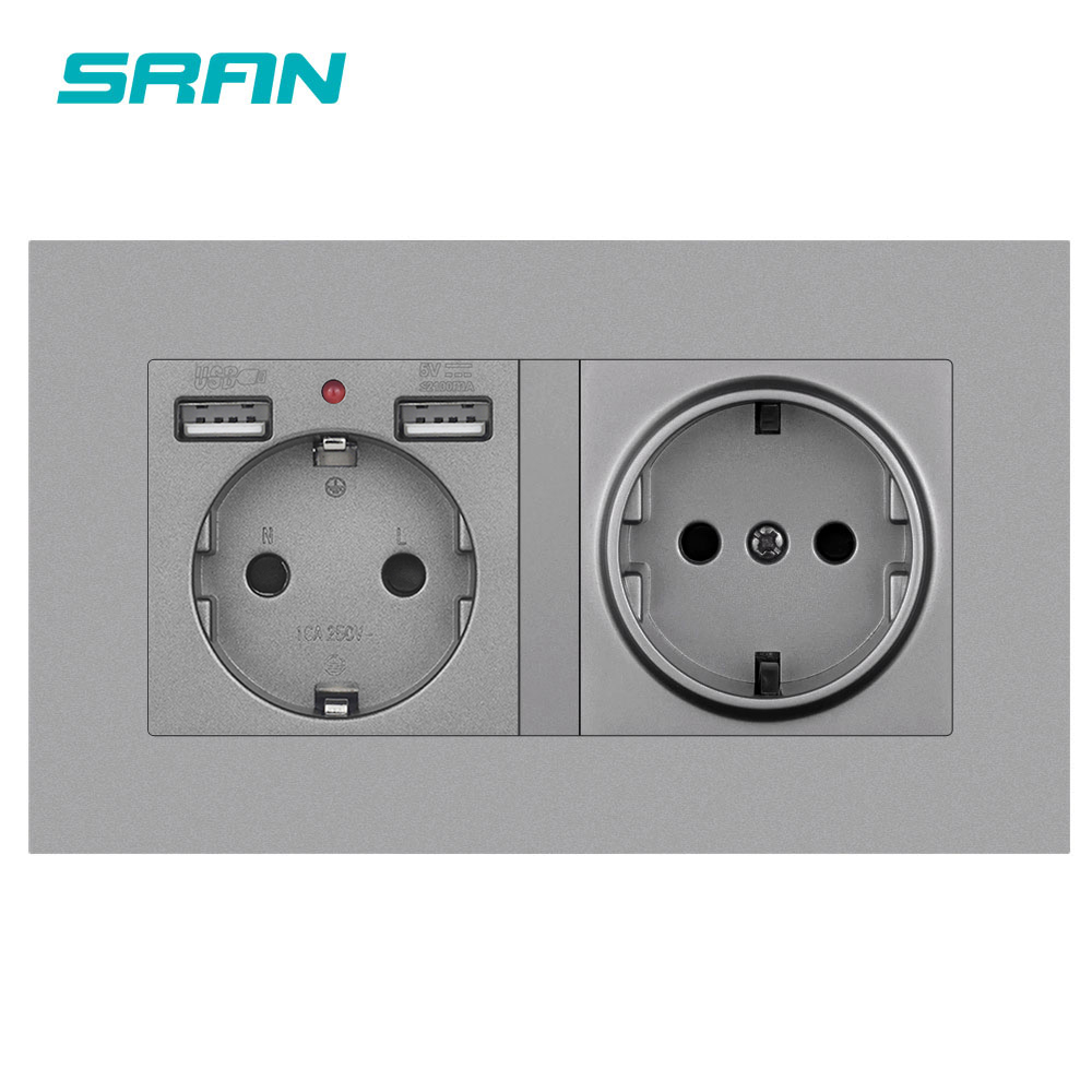 Sran EU 2Gang Power Socket、16A電気プラグ接地された非表示LEDインジケーター、USB付きのダブルソケット、146*86mm PCパネル壁ソケット