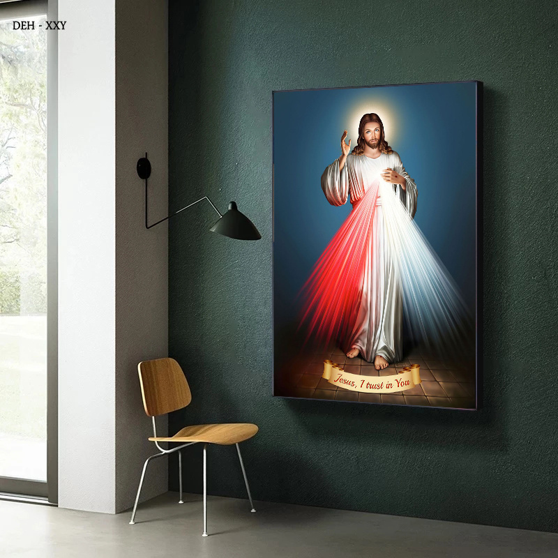 Vintage brillando Jesucristo póster Jesús, confío en ti Qoutes Canvas Pintura de la sala de estar cristiana católica Decoración del hogar Mural
