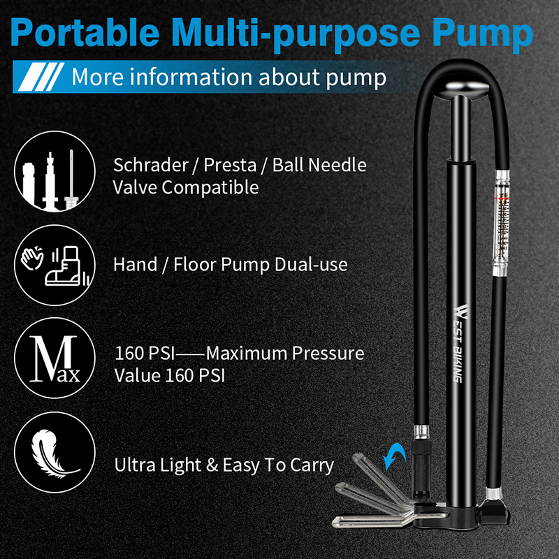 WEST BIKING Portable Bike Floor Pump 160PSI High Pressure Aluminium Alloy Basketball Air Pump Schrader Presta Cycling Tire Pump