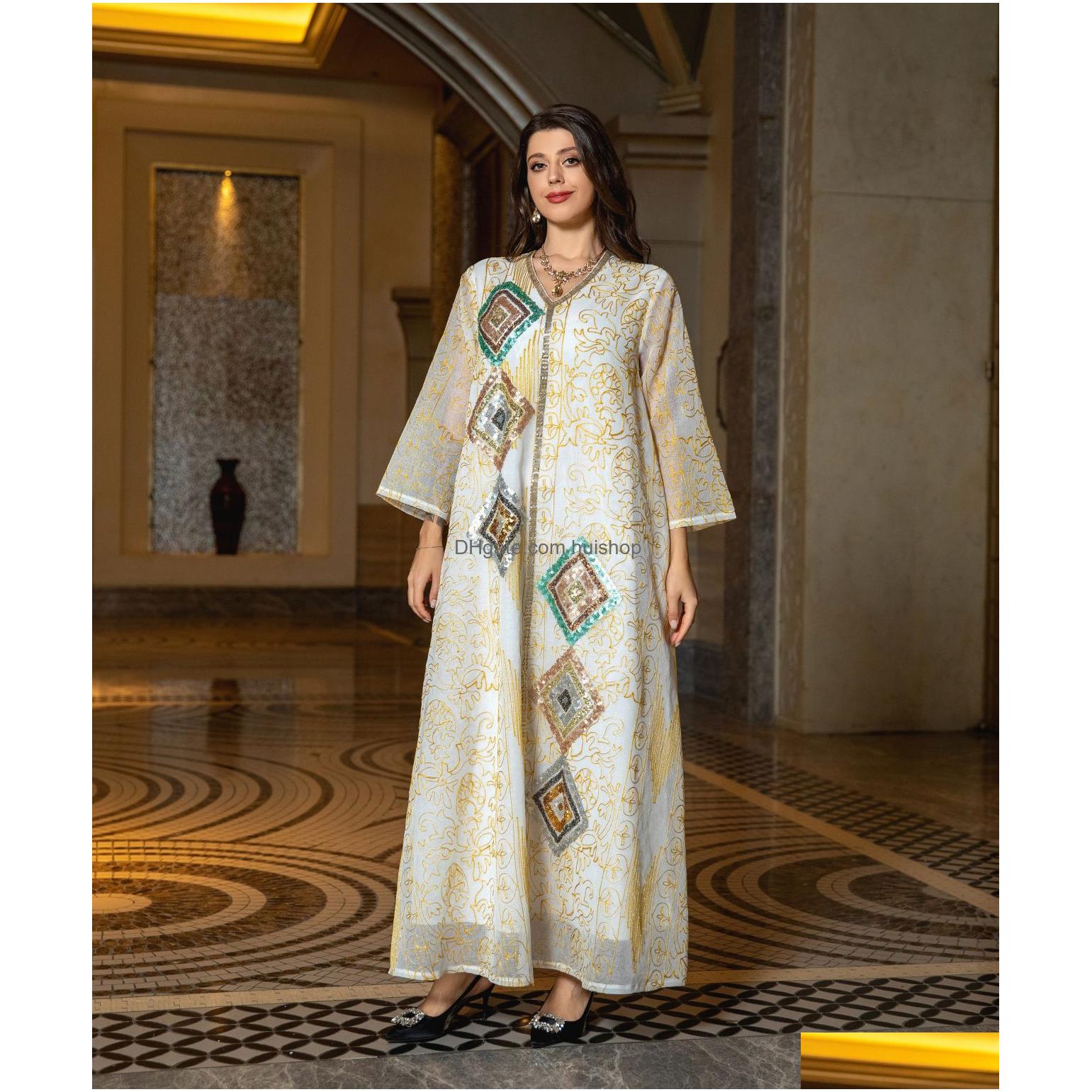 Etnische kleding Jalabiya Midden -Oosterse gewaad Moslim gaas geborduurde pailletten kralen avondjurken Dubai Abaya temperament Turks Dhe1p