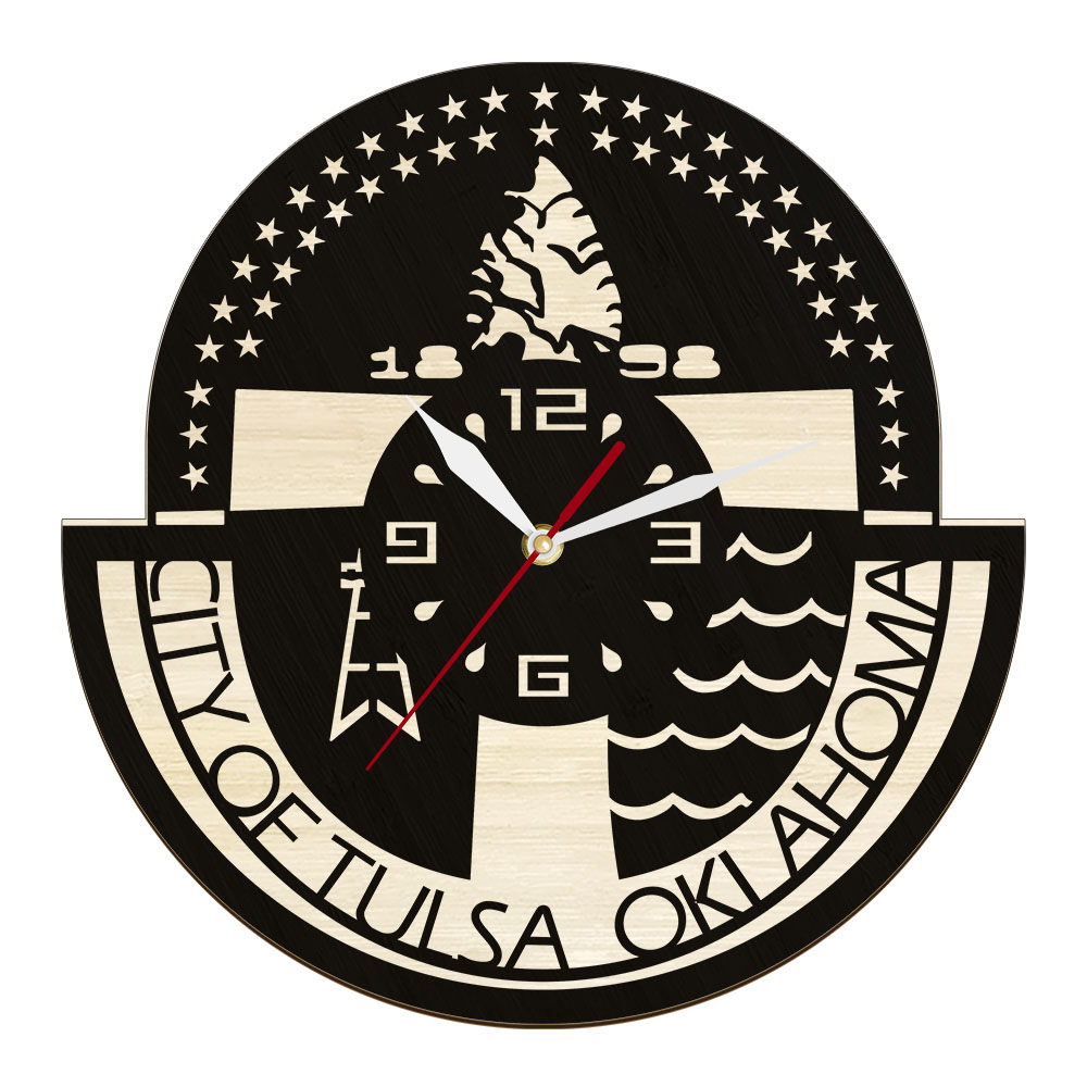 City of Tulsa Oklahoma Wood Carved Wall Clock Home Decor för vardagsrummet Förenta staterna Oljehuvudstad i Europa Wall Watch