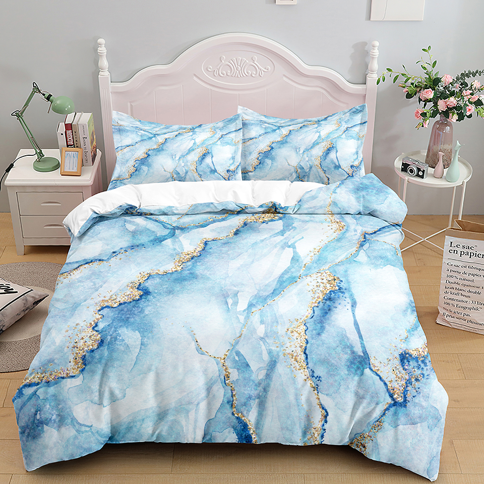 Conjunto de cama de mármore de luxo Abstract Blue Gold Duvet Capa Conjunto de travesseiros Queen King Tamanho Nórdico Designer Nórdico Tampe Têxtil caseira