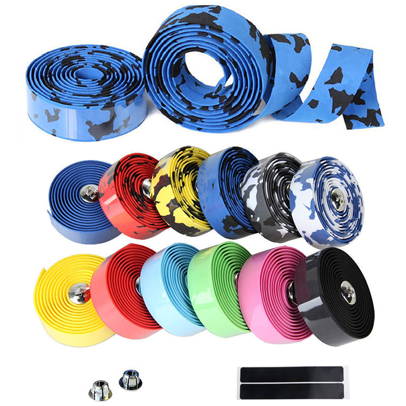 A Set Road Bike Accessories Bicycle Handlebar Tape Camouflage Cycling Handle Belt Cork Wrap with Bar Plugs Bar Tape