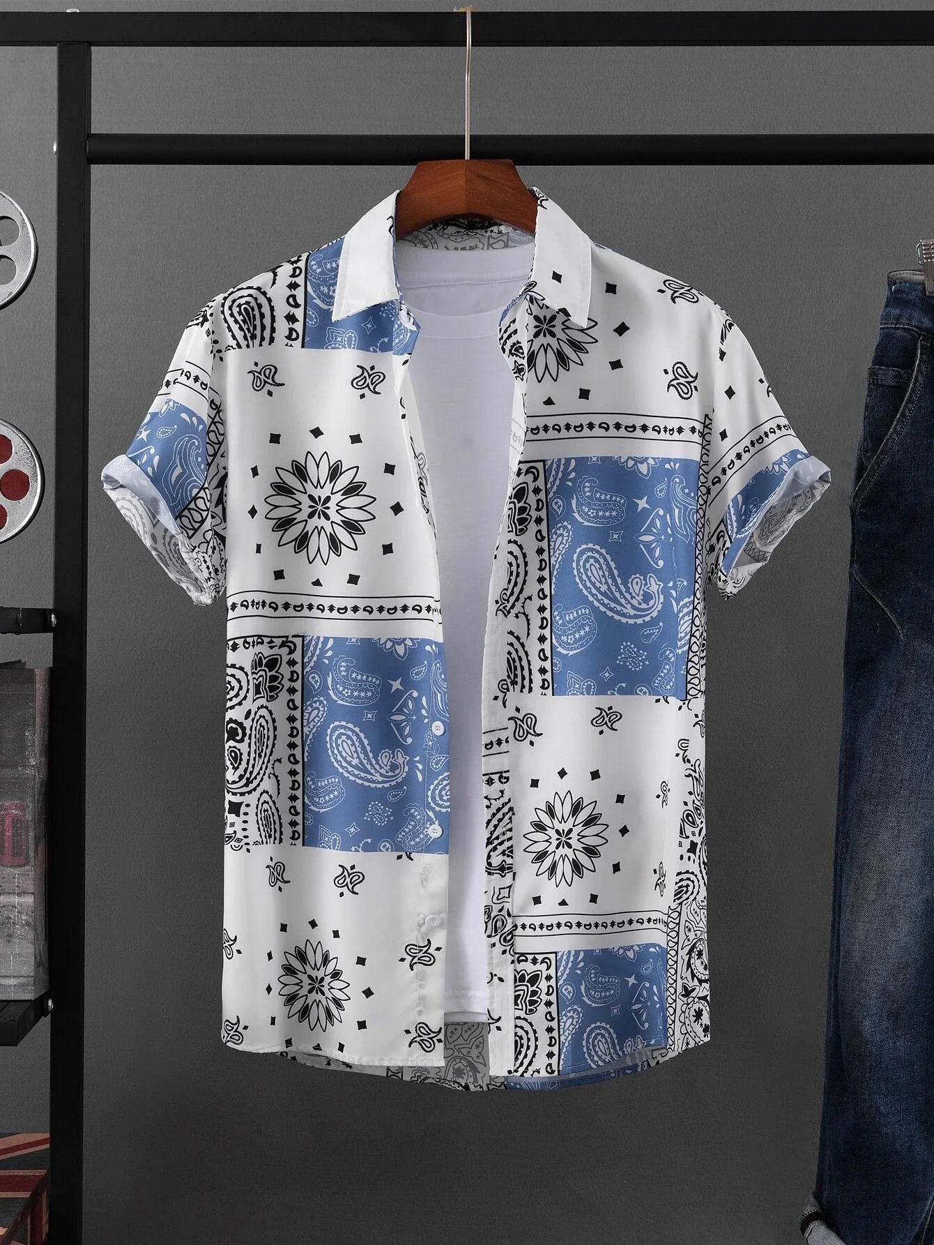 2024 Men Paisley print shirt met korte mouwen retro etnische grafische grafische heren shirt turndown korte mouw 4-weg stretch stoffen shirt