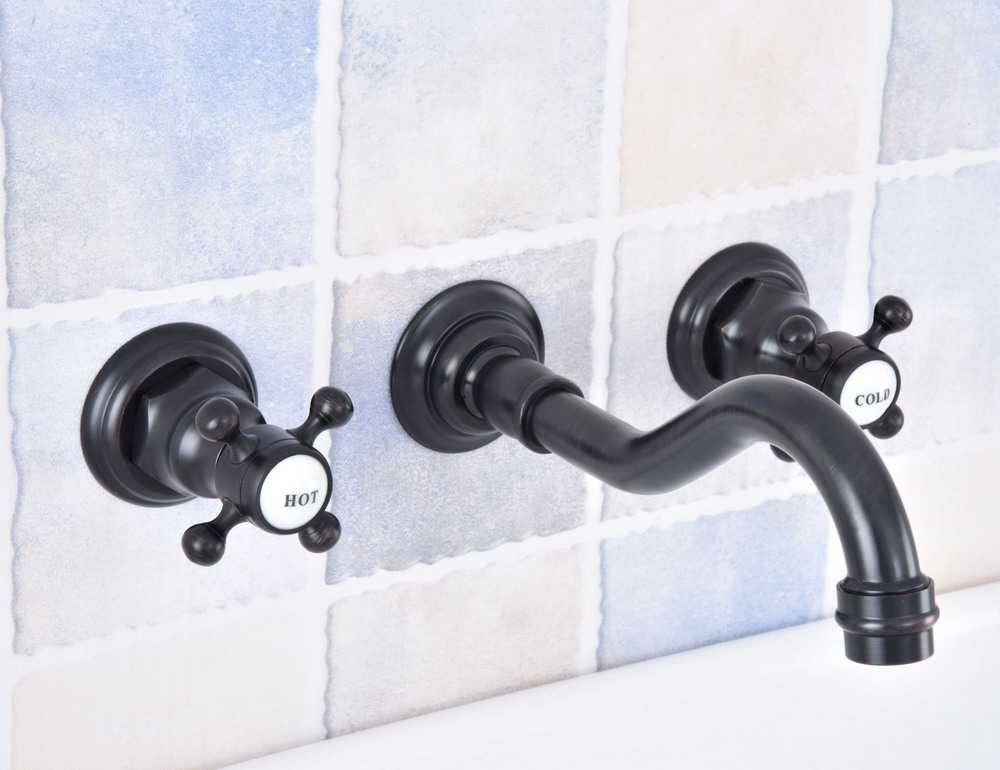 Wall Mount Black Oil Rubbed Bronze Bathroom Basin Faucet Widespread Dual Handle Vanity Sink Mixer Tap Lsf499