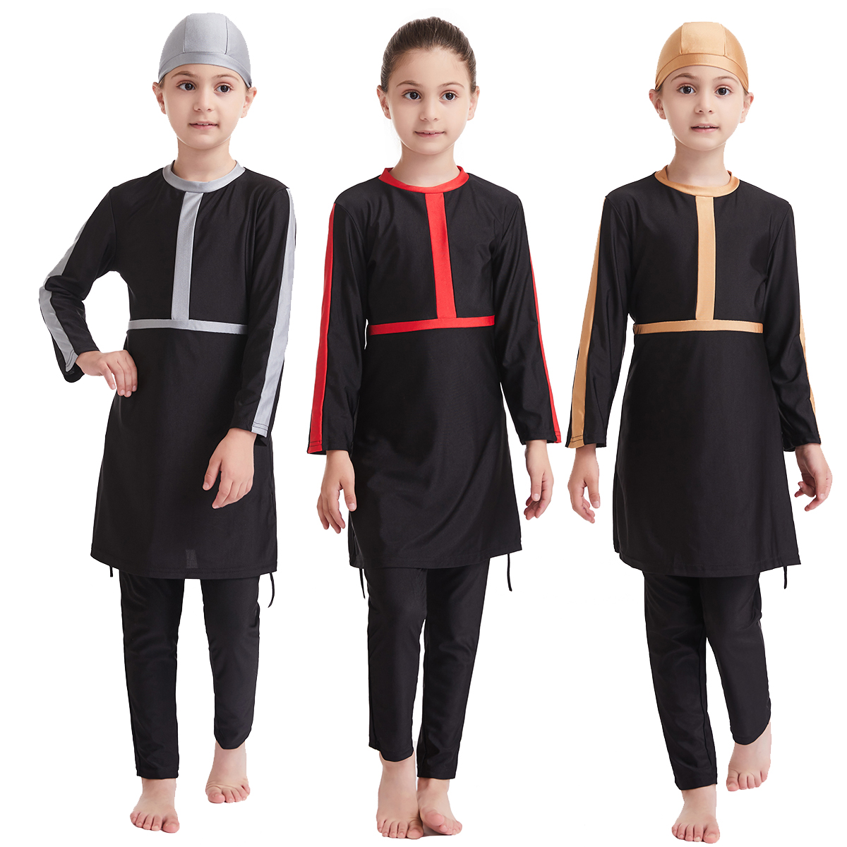 Três peças colorir roupas de banho de banho de banho completo para meninas Muslim Islâmico Round Burkinis Conjunto para crianças 3-12