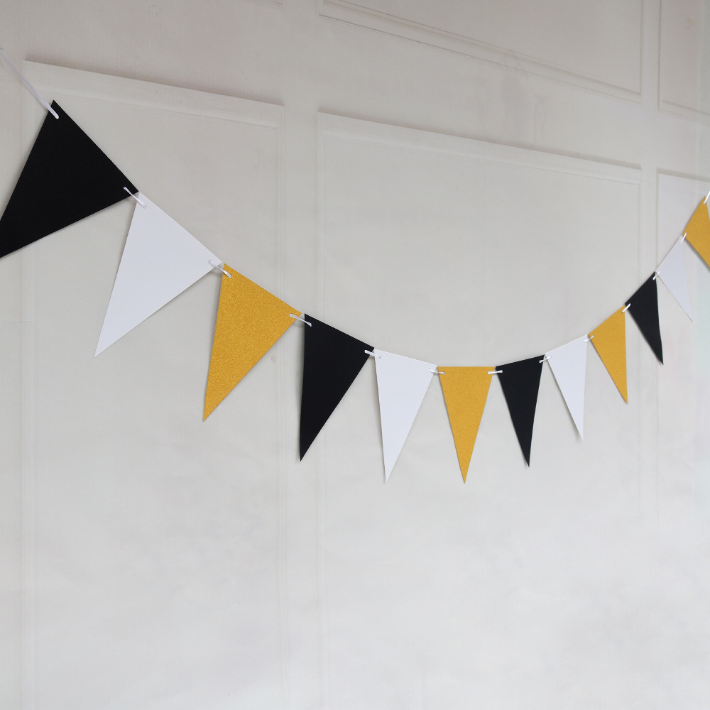 12 drapeau Gold Silver Black Banner Garland DIY Banner d'anniversaire Bunting Papin pour la fête à domicile Décoration de fête de mariage