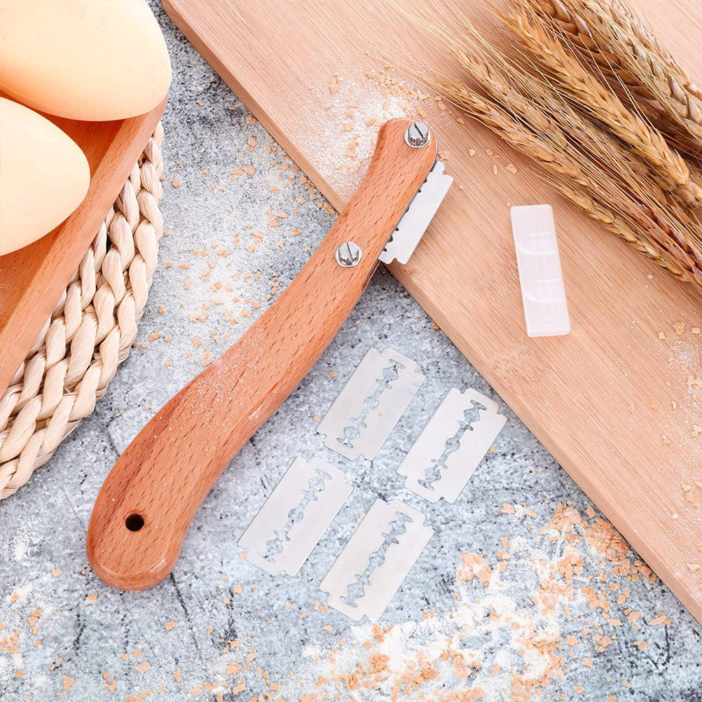 Pane lame in legno zoppo in legno taglio di taglio di impasto coltello da punteggio con 5 pezzi lame sostituibili il pane che produce cucina