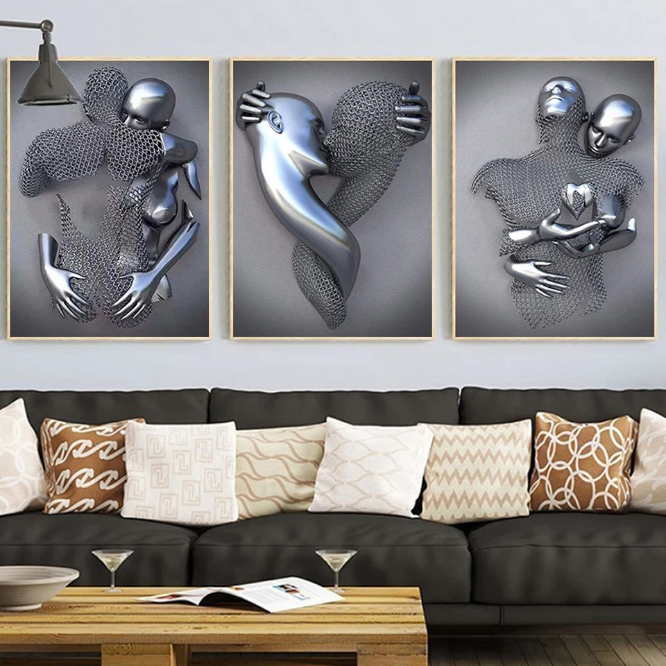 Triptych Modern Abstract Lover's Heart Metal Sculpture Art Diamond Painting Romantic Statue Diamond Embroidery Home Decor 