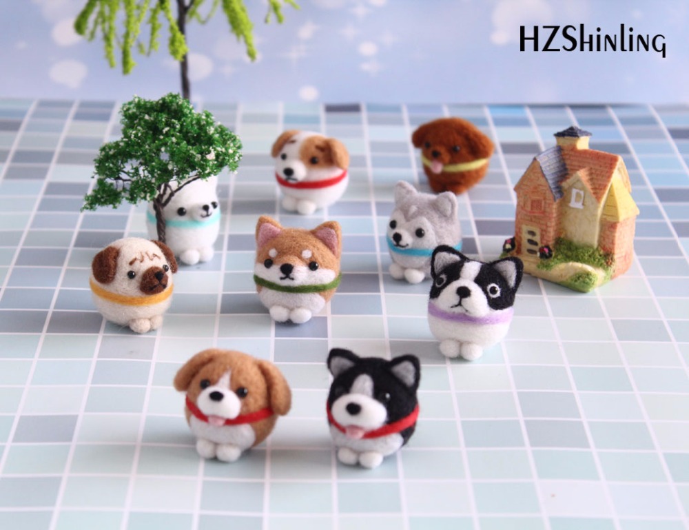 Niet-afgewerkte 9 honden DIY Wool Felling Pakket Handgemaakte Shiba Inu Dog Toy Doll Wool Filt Puted Kitting for Stitch Naald Beginner