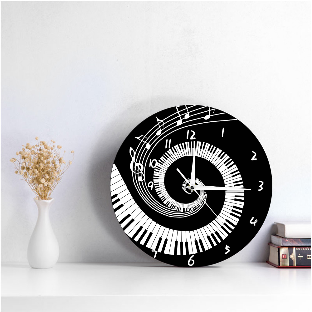 Elegant Piano Keys Black and White Modern Wall Clock Music Notes Wave Round Music Keyboard Wall Clock Music Lover Pianist Gift