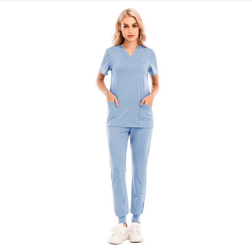 Women'S Two Piece Pants Womens Solid Color Spa Threaded Clinic Work Suits Tops Uni Scrub Pet Nursing Uniform Drop Delivery Apparel