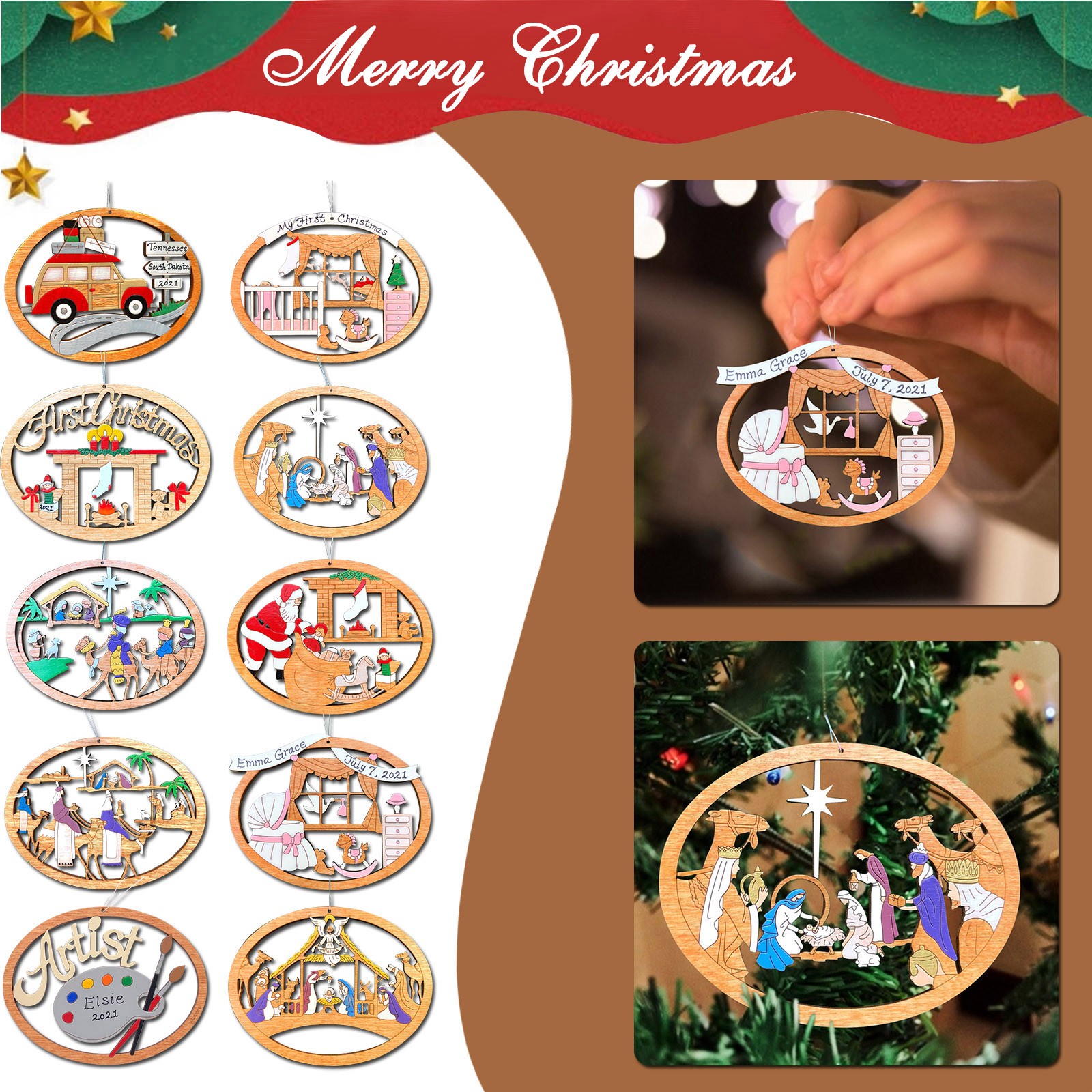 Pendants Jésus en bois ornements de Noël Ornement d'arbre bricolage Crafts en bois