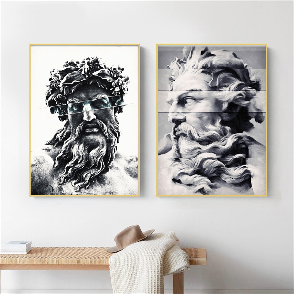 Sculpture noire et blanche Zeus et Neptune Art PaintIntg Classical Canvas Prints Affiche grande murale pour le salon DÉCOR HOME