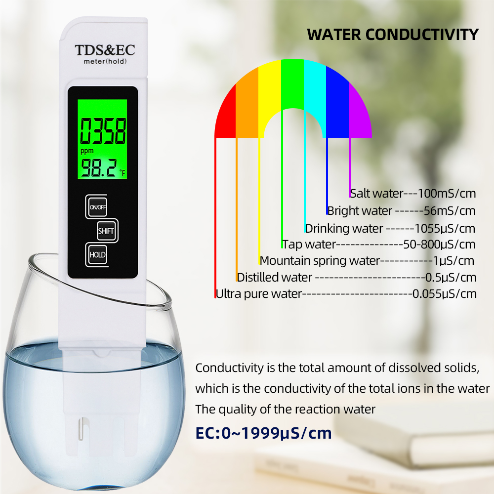 3 IN1 TDS/EC Метр температуры качества воды Печка 0-9990PPM Монитор проводимости Проводно