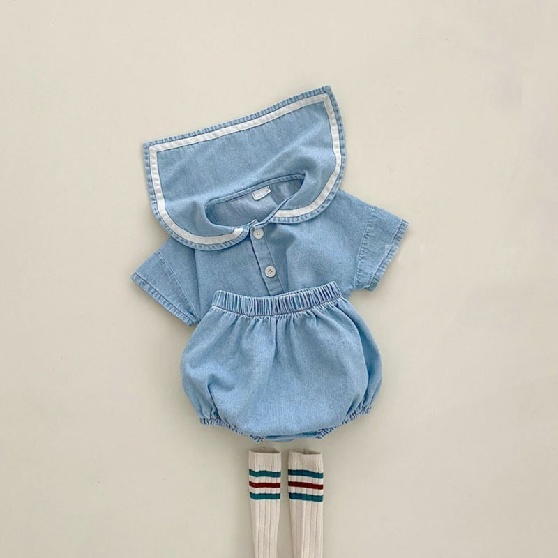 2023 Été Nouveau bébé Navy Collar vêtements Ensemble Kids Girls Girls Short Sleeve Denim Tops + Shorts Suit mignon Baby Boy Denim tenues