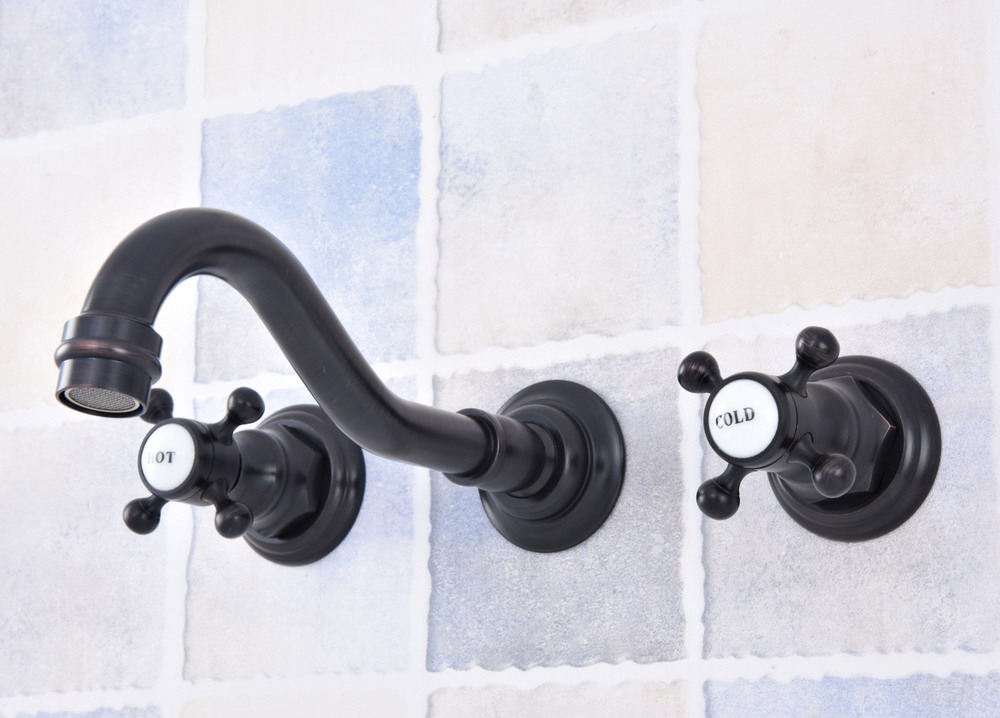 Wall Mount Black Oil Rubbed Bronze Bathroom Basin Faucet Widespread Dual Handle Vanity Sink Mixer Tap Lsf499