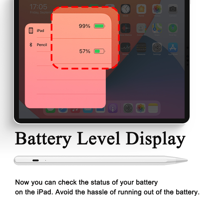 İPad için Uogic Stylus kalemi, kamera deklanşörü uzaktan kumandası, pil seviyesi ekranı, palmiye reddi, iPad Pro/Mini ile uyumlu