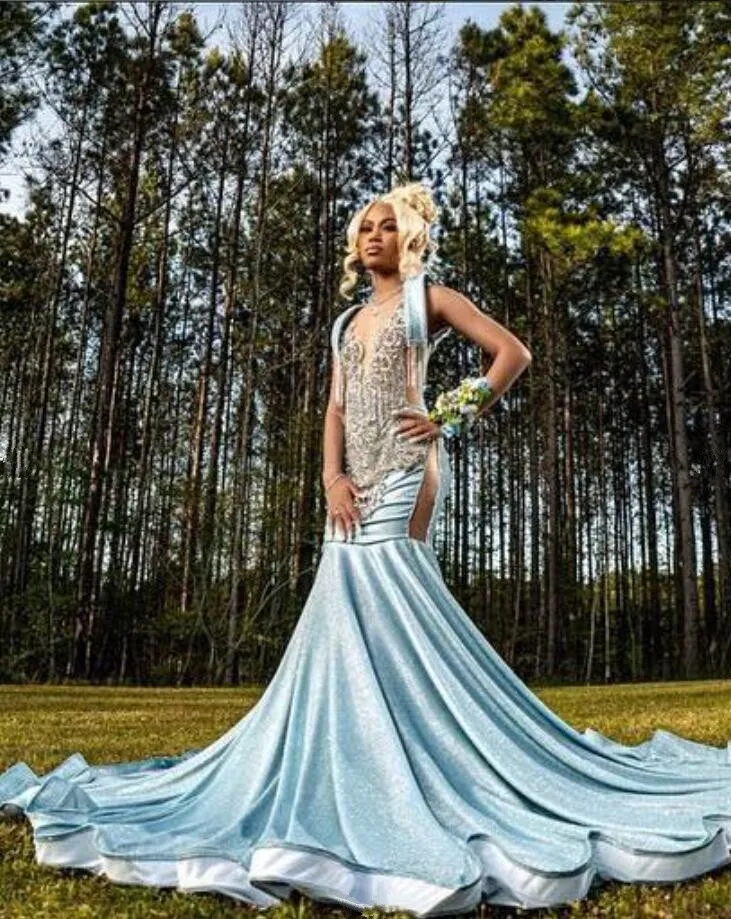 Ice Blue Sparkly Long Evening Birthday Dresses for Black Girl Luxury Gillter Mermaid Crystal Prom Ceremony Gown Gala Dress