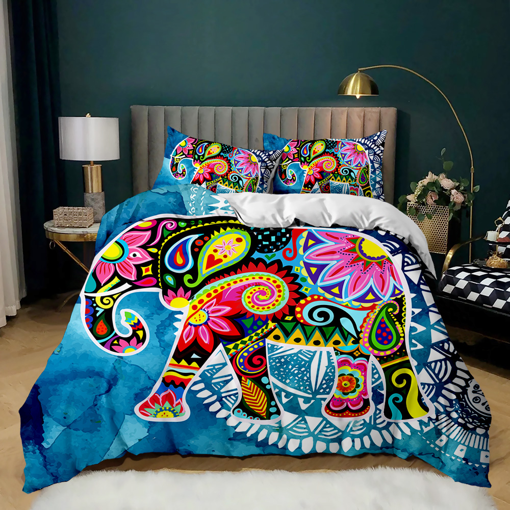 Ensemble de couverture de couette éléphant reine / roi / pleine grandeur de style bohème femme exotique animal floral couvre-coquette en polyester